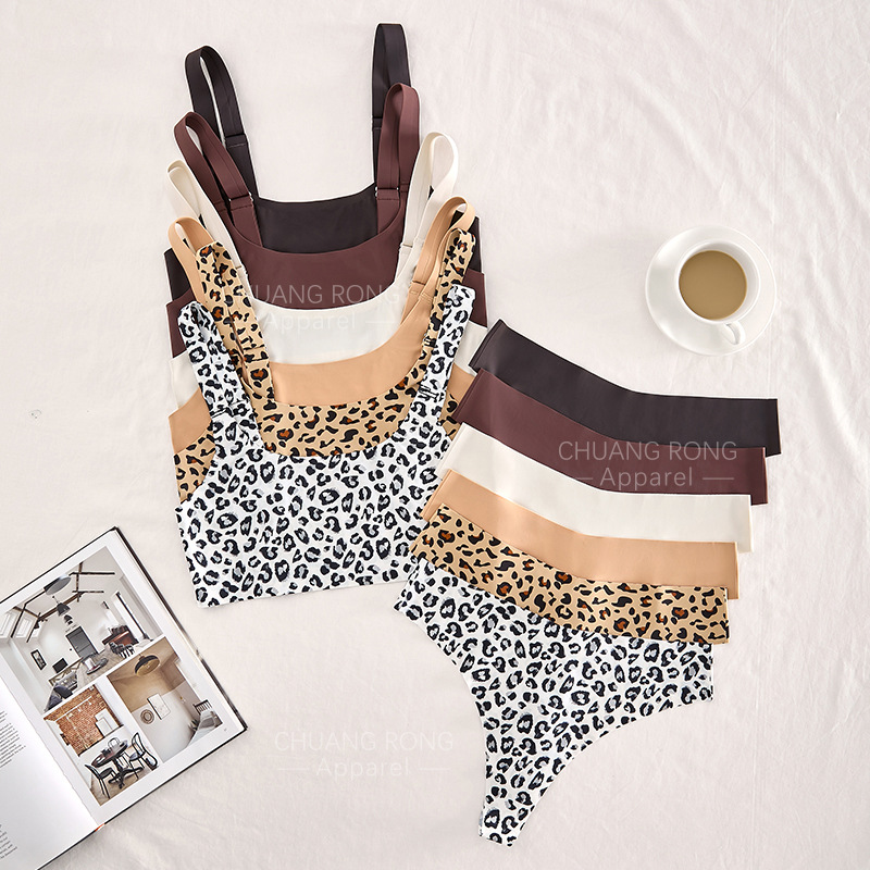 Sexy Leopard Print Wire-Free Bra & Thong Set for Women, Thin Strappy Racerback Sports Bra,欧美性感豹纹无钢圈文胸套装