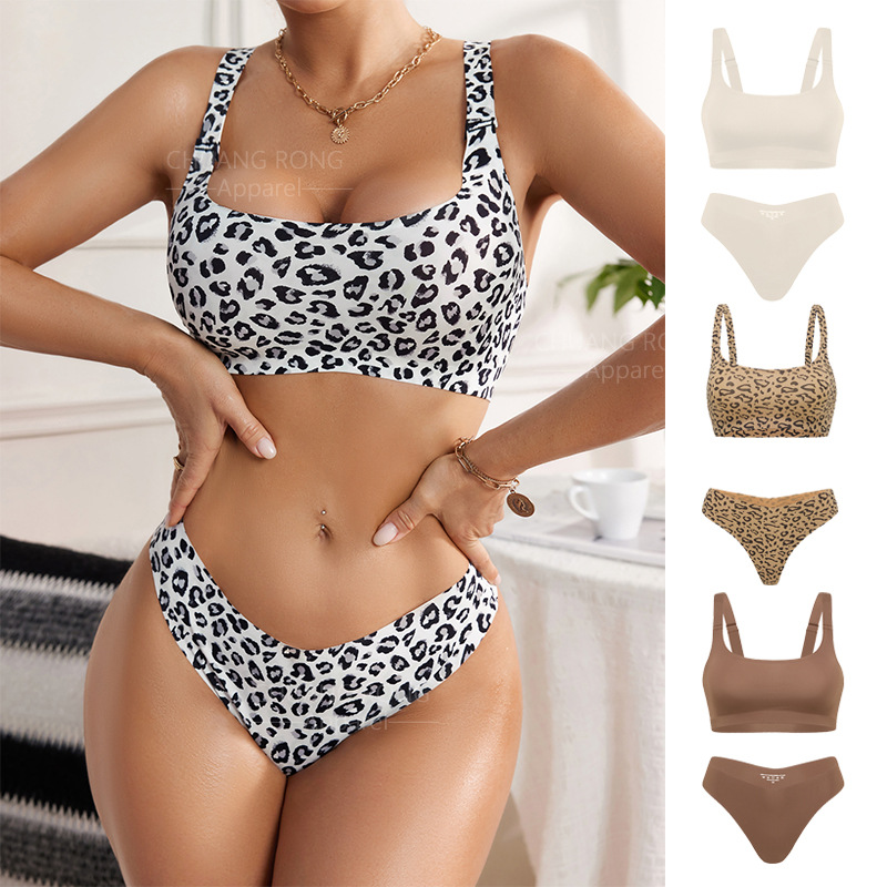 Sexy Leopard Print Wire-Free Bra & Thong Set for Women, Thin Strappy Racerback Sports Bra,欧美性感豹纹无钢圈文胸套装